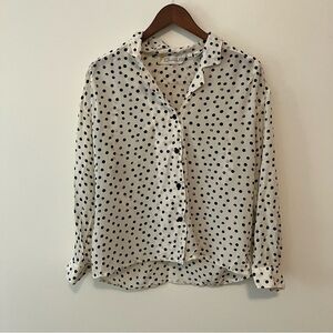 VTG 90s Chaus Blouse Women Sz 12 100% Silk Button Front Polka Dot White Black